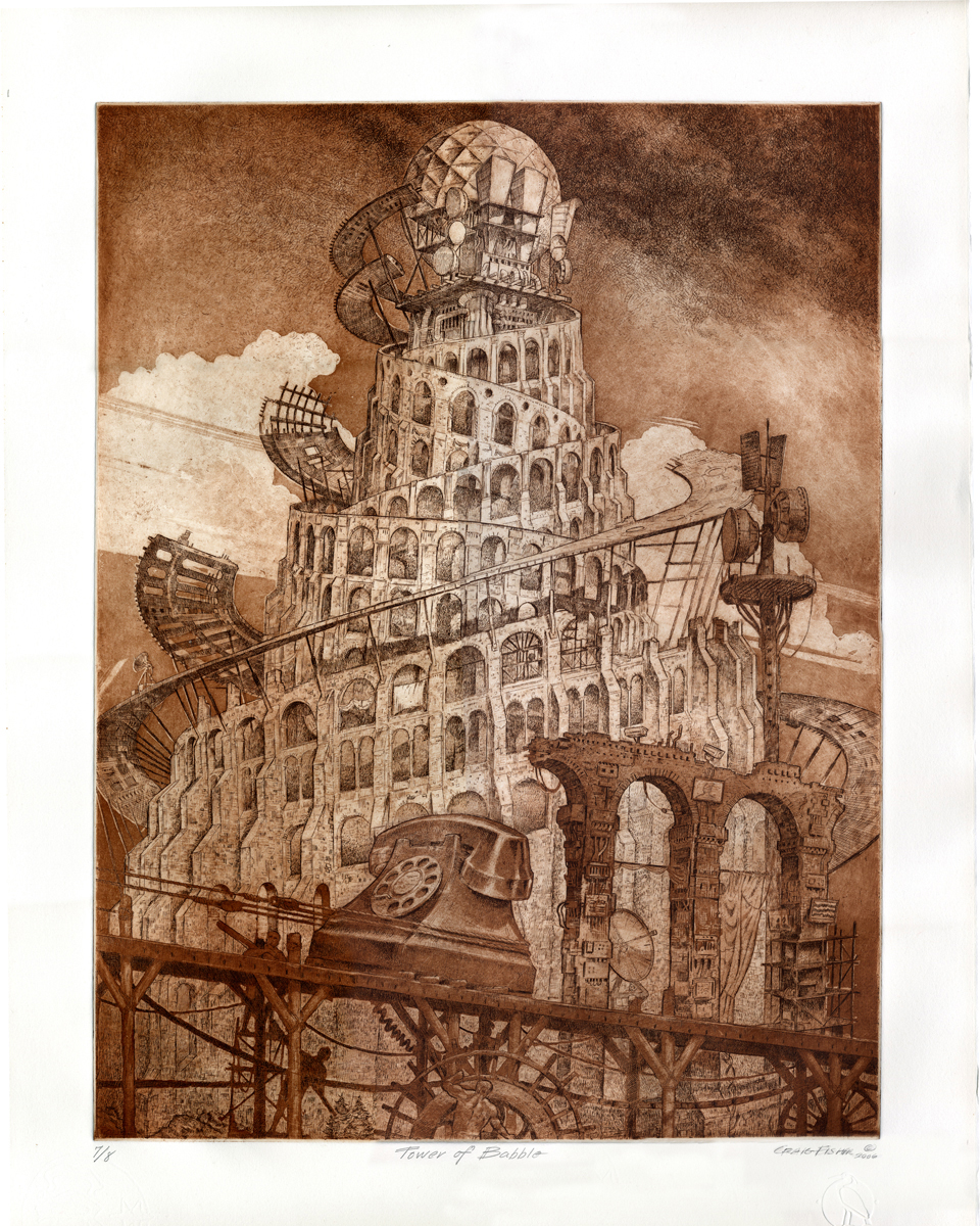 Tower of Babble_colored intaglio CMF etching_by Craig Fisher_24 x 18inches_Artist_s Proof